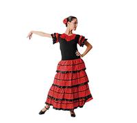 Dysmad Costumizate Robe sévillane pour femme dans différentes tailles et motifs, Rouge à pois noirs et volant noir, 40