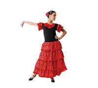 Dysmad Costumizate Robe sévillane pour femme dans différentes tailles et motifs, Rouge à pois noirs et volant rouge, 48