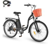DYU C6 Vélo Électrique, 26" Vélo Électrique pour Adultes, 36V 12,5Ah Batterie Amovible, 65 km Autonomie, 7 Vitesses, 250W Moteur, Ville E-Bike avec Panier, Frein à Double Disque, Noir