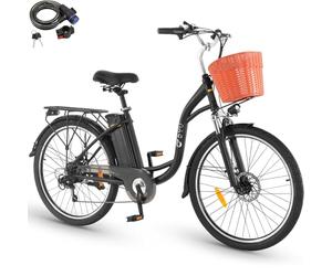 DYU C6 Vélo Électrique, 26" Vélo Électrique pour Adultes, 36V 12,5Ah Batterie Amovible, 65 km Autonomie, 7 Vitesses, 250W Moteur, Ville E-Bike avec Panier, Frein à Double Disque, Noir