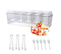 DYUEE Bac à condiments glacé avec 5 récipients, plateau transparent réutilisable avec couvercle avec 5 compartiments amovibles, 5 fourchettes et 3 clips, pour bol de service à glace, fruits, collation