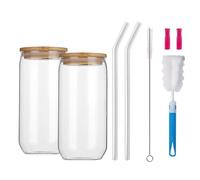 DYUEE Lot de 2 Tasse Double Paroi Verres à Café Glacé avec Couvercle en Bois et Paille en Verre Transparent avec Buse d'Aspiration en Silicone, pour Lait, Café, Glace et Eau 500 ml