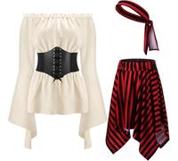 DYUES-SDOEMVIEN Robe de pirate à épaules dénudées et volants, combinaison à manches froncées, taille élastique, short, costume d'Halloween(Apricot,S)