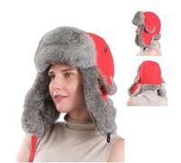 DYZYXJ 100% Fourrure de Lapin Aviator Cache-Oreilles Chapeau Coupe-Vent Hommes et Femmes Chapeau Sangles Hommes Hiver Vrai Lapin Fourrure aviateur Chapeaux (Gris - Rouge)