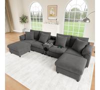 Dzaayediiy Canapé d'angle modulaire avec connecteurs, porte-gobelets, canapé de salon, en forme de L, avec haut-parleur Bluetooth et console, canapé-lit avec espace de rangement et coussins, gris