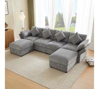 Dzaayediiy Canapé modulaire en chenille en forme de U/L avec 2 tabourets convertibles avec accoudoirs réglables, design nuage, avec 4 coussins décoratifs et 2 appuie-têtes, tissu chenille gris