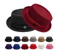 DzaiCrkwd Summer Breathable Mesh Pork Pie Hat for Men, Lightweight Packable Sun Protection Beach Outdoor Jazz Cap, Classic Bowler Hat Travel Party (Black+Wine Red)