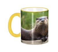 DZBDWZXH Tasses à café en céramique avec poignée jaune - 325 ml - Motif loutre mignonne - Tasse à café de restaurant pour café, cappuccino, thé, cacao, céréales