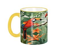 DZBDWZXH Tasses à café en céramique avec poignée jaune de 325 ml, (ara et toucan perchant des forêts tropicales) - Tasse à café imprimée pour café, cappuccino, thé, cacao, céréales