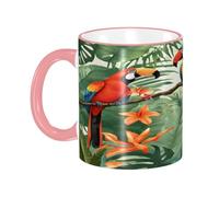 DZBDWZXH Tasses à café en céramique avec poignée rose de 325 ml, (ara et toucan perchant des forêts tropicales) - Tasse à café imprimée pour café, cappuccino, thé, cacao, céréales