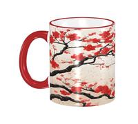 DZBDWZXH Tasses à café en céramique avec poignée rouge - 325 ml - Motif floral japonais - Pour café, cappuccino, thé, cacao, céréales