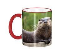 DZBDWZXH Tasses à café en céramique avec poignée rouge - 325 ml - Motif loutre mignonne - Tasse à café de restaurant pour café, cappuccino, thé, cacao, céréales