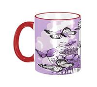 DZBDWZXH Tasses à café en céramique avec poignée rouge - 325 ml - Motif papillon violet - Pour café, cappuccino, thé, cacao, céréales