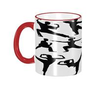 DZBDWZXH Tasses à café en céramique avec poignée rouge - 325 ml - Motif silhouettes d'arts martiaux - Tasse à café pour restaurant, café, cappuccino, thé, cacao, céréales