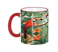 DZBDWZXH Tasses à café en céramique avec poignée rouge de 325 ml, (ara et toucan perchant des forêts tropicales) - Tasse à café imprimée pour café, cappuccino, thé, cacao, céréales