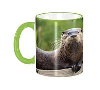 DZBDWZXH Tasses à café en céramique avec poignée verte - 325 ml - Motif loutre mignonne - Tasse à café de restaurant pour café, cappuccino, thé, cacao, céréales