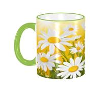 DZBDWZXH Tasses à café en céramique avec poignée verte de 325 ml, (fleurs de marguerites d'été, motif fleur) pour café, cappuccino, thé, cacao, céréales