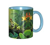 DZBDWZXH Tasses à café en céramique bleu ciel de 325 ml, (nombreuses grenouilles chantent sur les branches, l'été, les papillons, le lac) - Tasse à café imprimée pour café, cappuccino, thé, cacao