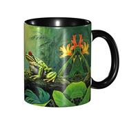 DZBDWZXH Tasses à café en céramique noire de 325 ml (nombreuses grenouilles chantent sur les branches, l'été, les papillons, le lac) - Tasse à café imprimée pour café, cappuccino, thé, cacao, céréales