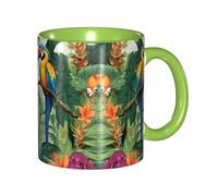 DZBDWZXH Tasses à café en céramique verte de 325 ml, (ara et toucan perchant des forêts tropicales) - Tasse à café imprimée pour café, cappuccino, thé, cacao, céréales