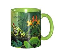 DZBDWZXH Tasses à café en céramique verte de 325 ml, (nombreuses grenouilles chantent sur les branches, l'été, les papillons, le lac) - Tasse à café imprimée pour restaurant, café, cappuccino, thé