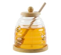 Dzmuero Pot a Miel, Distributeur Sirop avec Cuillere en Bois, Pot à Miel en Bois Dacacia avec Couvercle