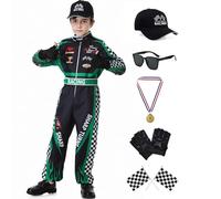 Dzorim Deguisement Pilote de Course Enfant, Chapeau et Combinaison de Course Kids Dress Up Set (Vert, 150)