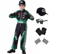 Dzorim Deguisement Pilote de Course Enfant, Chapeau et Combinaison de Course Kids Dress Up Set (Vert, 100)