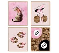 Dzxnouart Lot de 3 impressions sur toile léopard chic pour chambre de fille, imprimé guépard tendance, affiches funky, cerises, boule chanceuse, sans cadre (30x40 cm)
