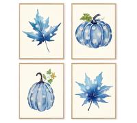 dzxnouart Lot de 4 citrouilles d'automne rustiques - Poster aquarelle feuille d'érable - Décoration d'automne bleue pour Thanksgiving, maison, galerie, sans cadre (21 x 30 cm)