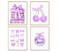 dzxnouart Lot de 4 impressions d'art mural tendance coquette violette sans cadre - Décoration murale Preppy avec nœud violet pour chambre de fille (20 x 25 cm)