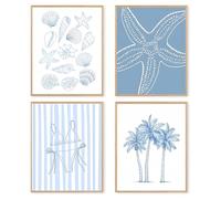 dzxnouart Lot de 4 impressions murales bleues de conque, coquillage, palmier, affiches esthétiques, images côtières pour dortoir de fille, sans cadre (21 x 30 cm)