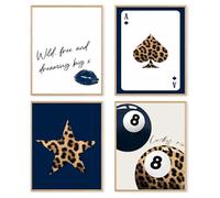 dzxnouart Lot de 4 impressions murales tendance rétro léopard, 8 balles de poker Lucky 8 Ball Spades Peinture esthétique, sans cadre (30 x 40 cm)