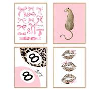 dzxnouart Lot de 4 impressions murales tendance rétro léopard rose, affiches porte-bonheur 8 boules de guépard pour chambre de fille, dortoir, appartement, sans cadre (30 x 40 cm)