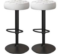 DZYHFCO Lot de 2 tabourets de bar confortables en cuir synthétique, hauteur de comptoir avec siège rond, réglable, pivotant, dos nu, tabouret de bar moderne (blanc, pieds noirs)