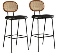 DZYHFCO Lot de 2 tabourets de bar en rotin avec dossier et pieds en métal, hauteur de comptoir modernes rembourrés en similicuir (cuir synthétique marron, 70 cm)