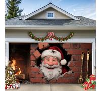 E, 4 x 1,8 m, bannière de porte de garage de Noël - Le Père Noël mignon apparaît à travers l'ouverture murale - Décoration murale extérieure, grande décoration de vacances extérieure pour les maisons