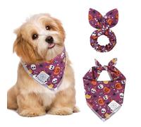 E-Clover Ensemble de bandanas d'Halloween et chouchou assorti pour chien citrouille, bavoirs pour animaux de compagnie avec nœud papillon pour petits chiens, propriétaire, maman, violet et orange