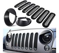 E-cowlboy Inserts en maille pour grille avant et couvercle de phare pour Jeep Wrangler JK JKU 2007~2017 【Version à clipser noir mat】
