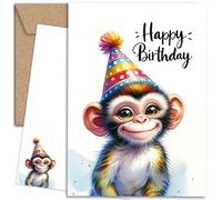 E&G Klasse Animal Aqaurell Carte postale de félicitations avec enveloppe en papier kraft Motif animaux mignons imprimés avec inscription Happy Birthday (singe)
