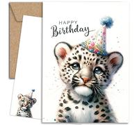 E&G Klasse Animal Aqaurell Carte postale de félicitations avec enveloppe en papier kraft Motif animaux mignons imprimés avec inscription Happy Birthday (léopard)