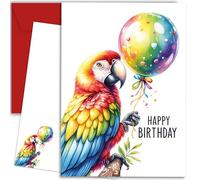 E&G Klasse Carte d'anniversaire Aquarelle Animaux - Carte de félicitations - Carte postale avec enveloppe rouge imprimée avec des animaux mignons et "Happy Birthday" (Perroquet)