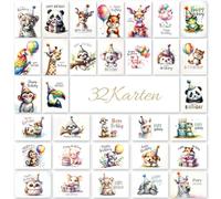 E&G Klasse Lot de 32 cartes d'anniversaire avec 32 cartes d'anniversaire différentes, de qualité supérieure, motifs d'animaux mignons, avec carte postale Happy Birthday, imprimées pour un anniversaire