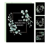 E&G Klasse Lot de 8 cartes de condoléances - Avec enveloppes - Format A6 - Pliables - Pour condoléances silencieuses - Noir eucalyptus - Design neutre et élégant