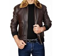 e Genius Blouson aviateur G-1 en cuir pour homme avec col en fourrure amovible - Noir/marron | Style pilote d'avion en cuir véritable et synthétique, Marron similicuir, M
