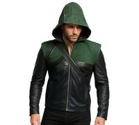 e_Genius Green Arrow Saison 5 Stephen Amell Oliver Queen Veste de costume détachable à capuche - Vestes en cuir pour hommes - Vestes à capuche pour hommes - Veste à capuche en cuir synthétique,