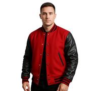 e Genius Varsity Letterman Veste à manches en cuir pour homme - Blouson en laine de baseball universitaire, rouge/noir, M