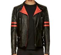 e Genius Veste de moto en cuir clouté noir pour homme - Brando Style Punk Rock, Noir , M