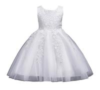 e-girl Robe pour Filles Princesse Blanc sans Manche Robes de Bal Tulle Robe de Soirée de Mariage Enfants Dentelle 7-8 Ans,E802