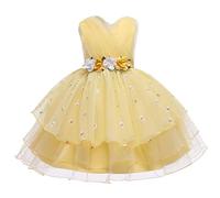 e-girl Robe pour Filles Princesse Jaune sans Manche Robes de Bal Tulle Robe de Soirée de Mariage Enfants Fleurs 7-8 Ans,E2033